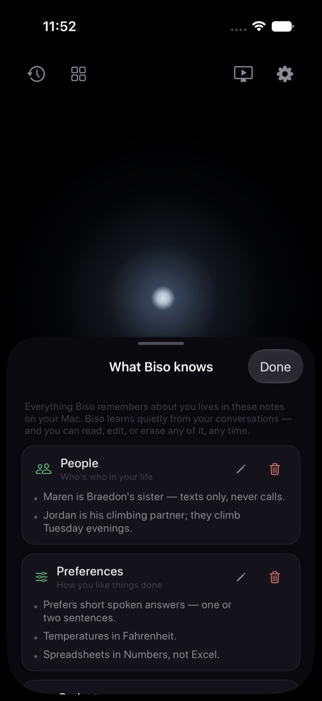The 'What Biso knows' panel on iPhone: People and Preferences notes, each editable and erasable